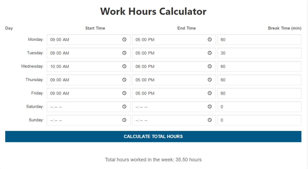 Screenshot from work hours calculator.