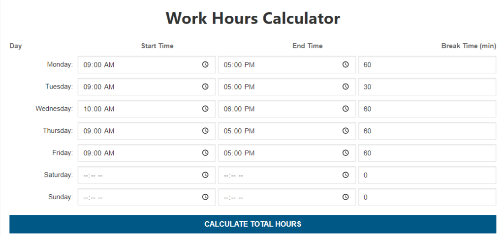 Screenshot from work hours calculator.